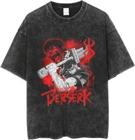 Vintage Washed Anime Graphic Short Sleeves T-Shirt, Black Cotton, Oversized Fit Streetwear, S-3XL