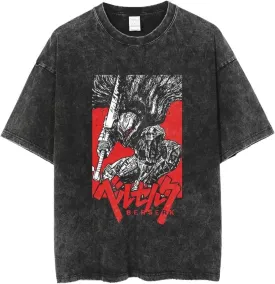 Vintage Washed Anime Graphic Short Sleeves T-Shirt, Black Cotton, Oversized Fit Streetwear, S-3XL