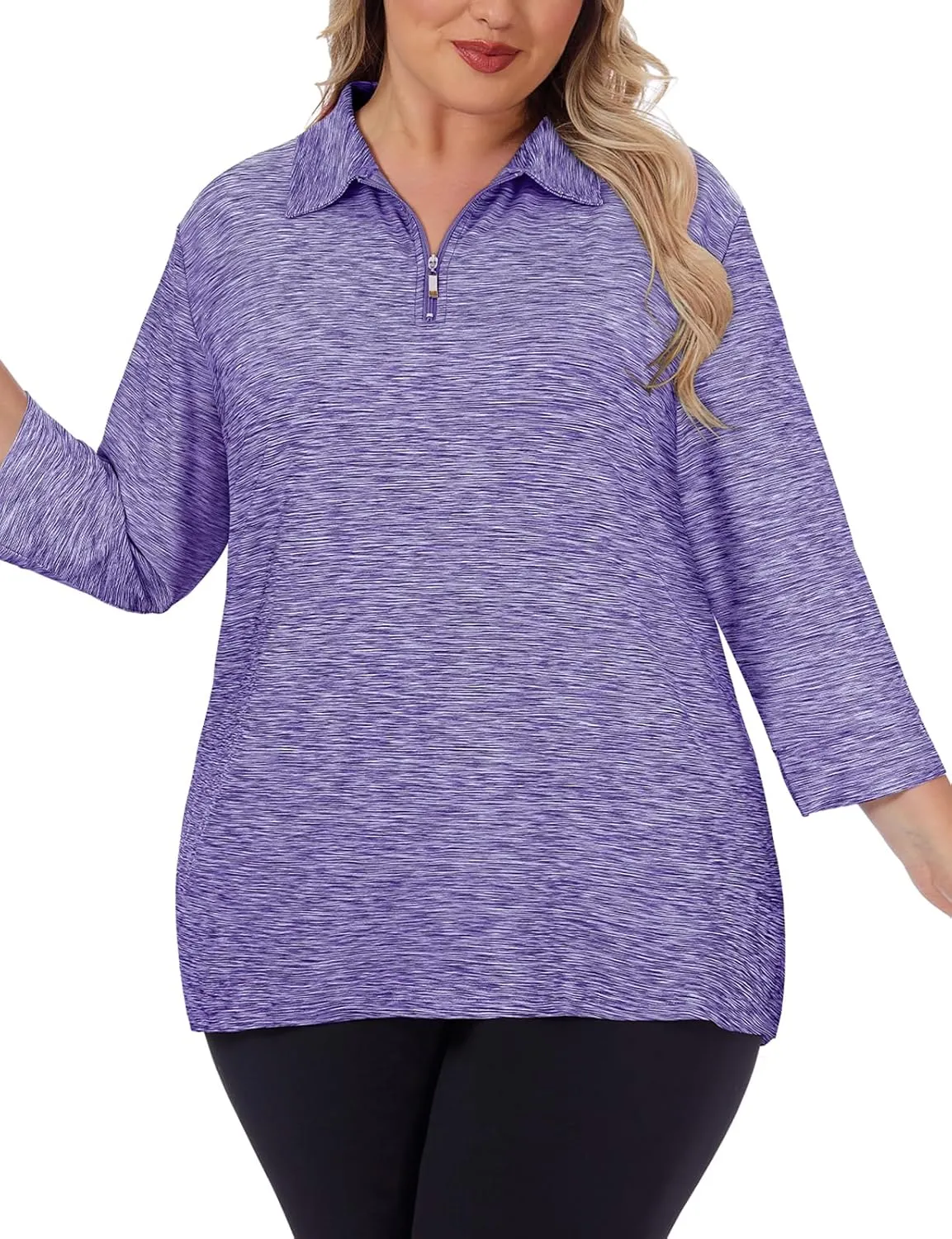 Viracy Plus Size Womens Golf Polo Shirts 3/4 Sleeve Zip Up Quick Dry Workout Tops