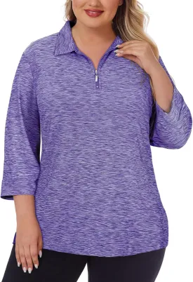 Viracy Plus Size Womens Golf Polo Shirts 3/4 Sleeve Zip Up Quick Dry Workout Tops