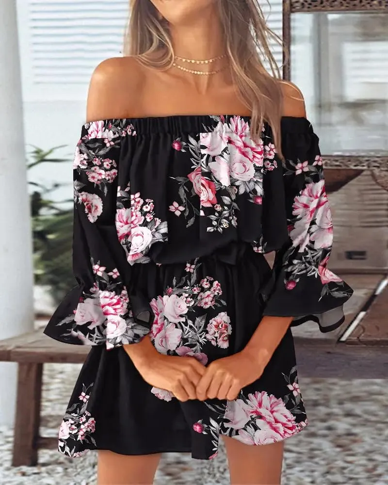 Vrtige Women's Floral Off Shoulder Flounce Half Sleeve Ruffle Hem A Line Mini Dress
