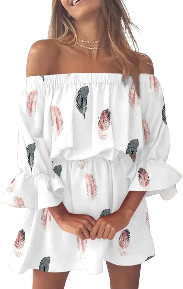 Vrtige Women's Floral Off Shoulder Flounce Half Sleeve Ruffle Hem A Line Mini Dress