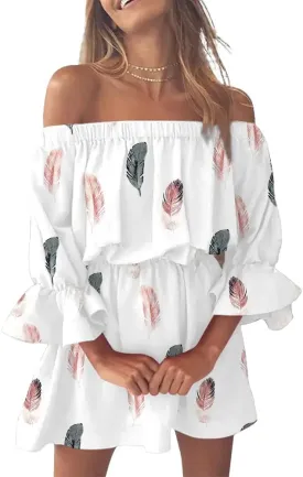 Vrtige Women's Floral Off Shoulder Flounce Half Sleeve Ruffle Hem A Line Mini Dress