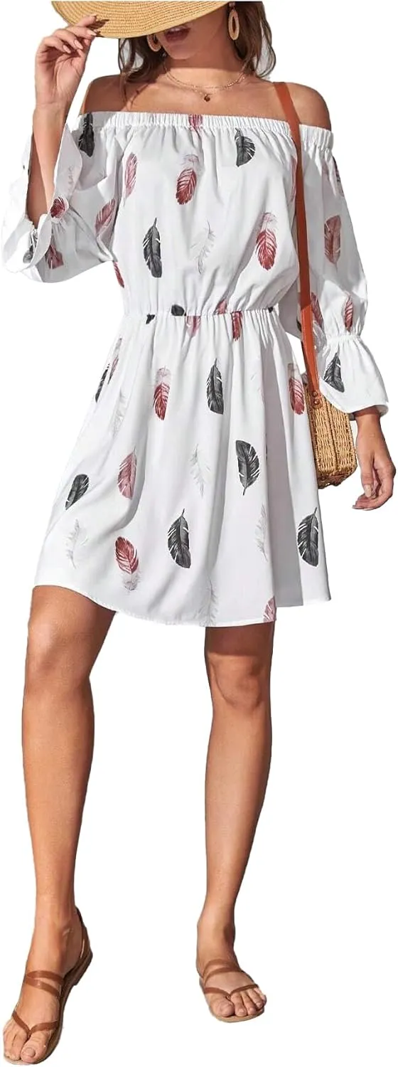 Vrtige Women's Floral Off Shoulder Flounce Half Sleeve Ruffle Hem A Line Mini Dress
