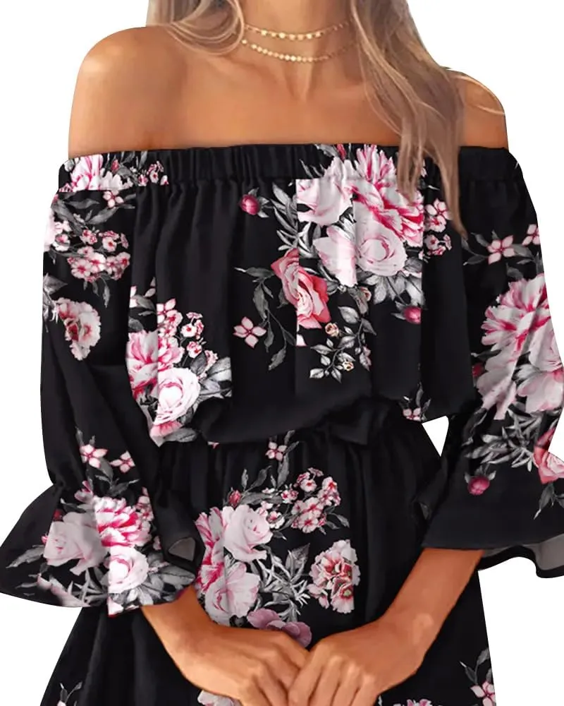 Vrtige Women's Floral Off Shoulder Flounce Half Sleeve Ruffle Hem A Line Mini Dress