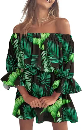 Vrtige Women's Floral Off Shoulder Flounce Half Sleeve Ruffle Hem A Line Mini Dress