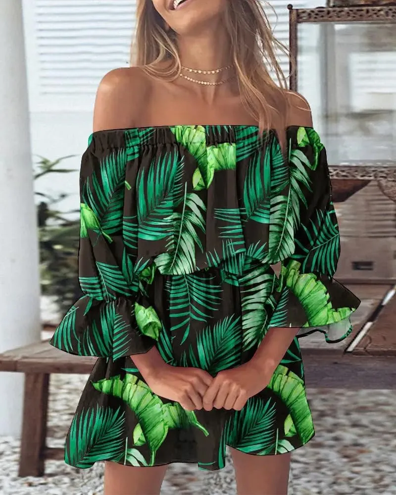 Vrtige Women's Floral Off Shoulder Flounce Half Sleeve Ruffle Hem A Line Mini Dress