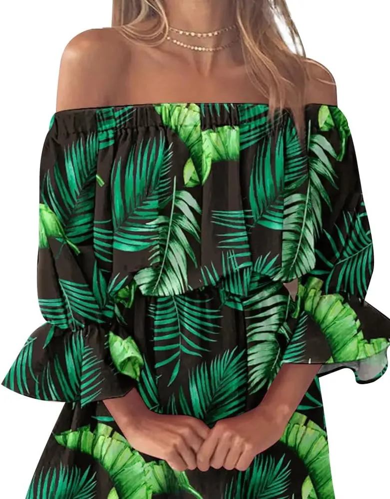 Vrtige Women's Floral Off Shoulder Flounce Half Sleeve Ruffle Hem A Line Mini Dress