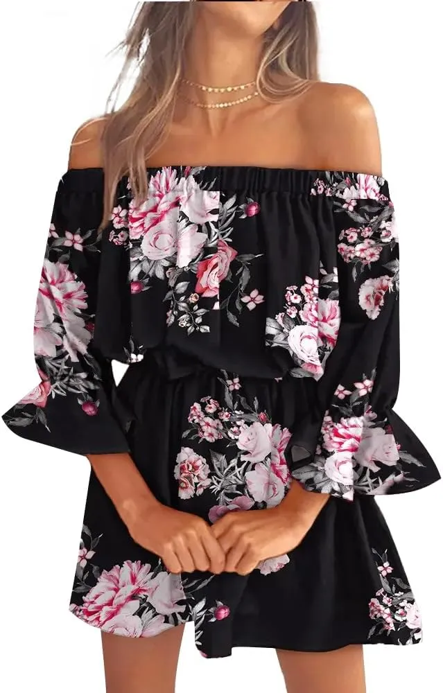 Vrtige Women's Floral Off Shoulder Flounce Half Sleeve Ruffle Hem A Line Mini Dress
