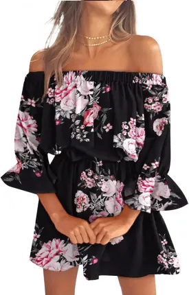 Vrtige Women's Floral Off Shoulder Flounce Half Sleeve Ruffle Hem A Line Mini Dress