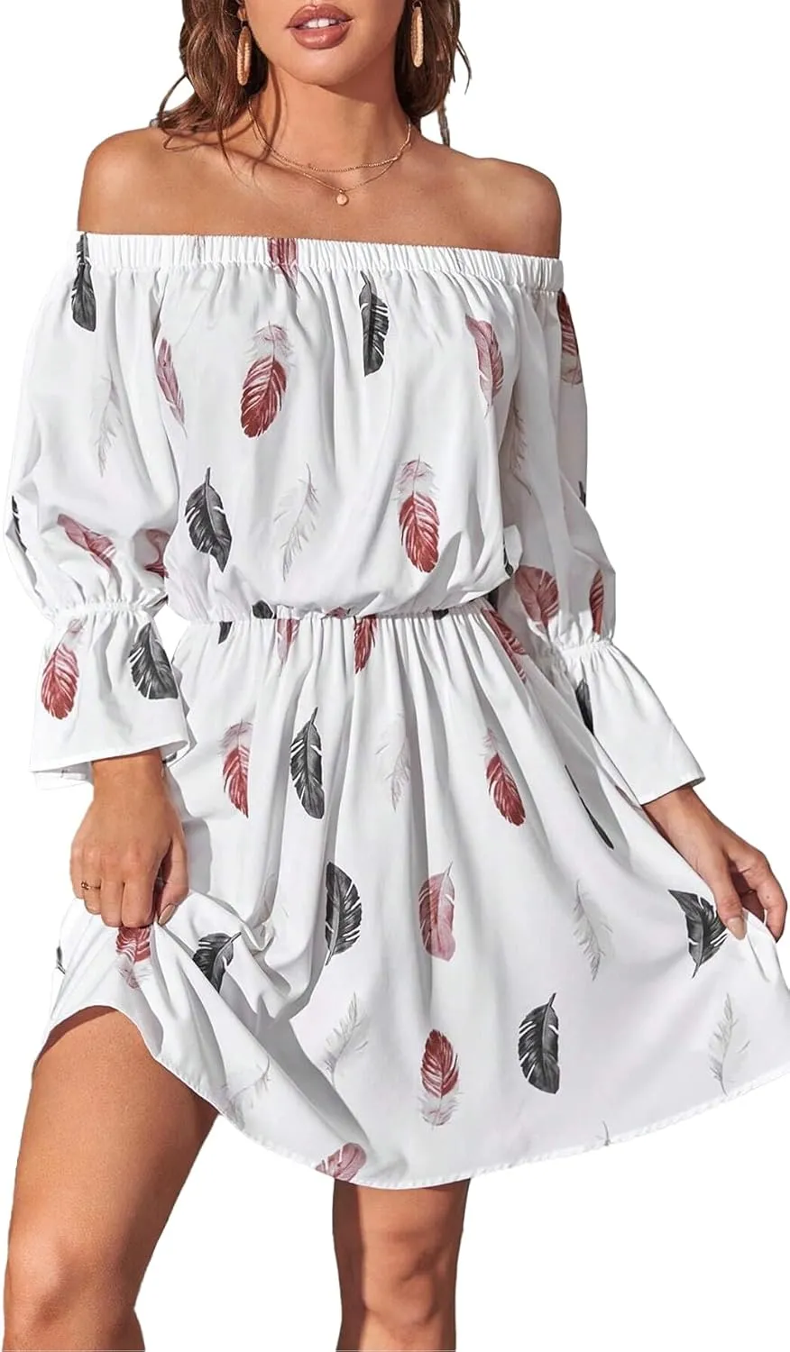 Vrtige Women's Floral Off Shoulder Flounce Half Sleeve Ruffle Hem A Line Mini Dress