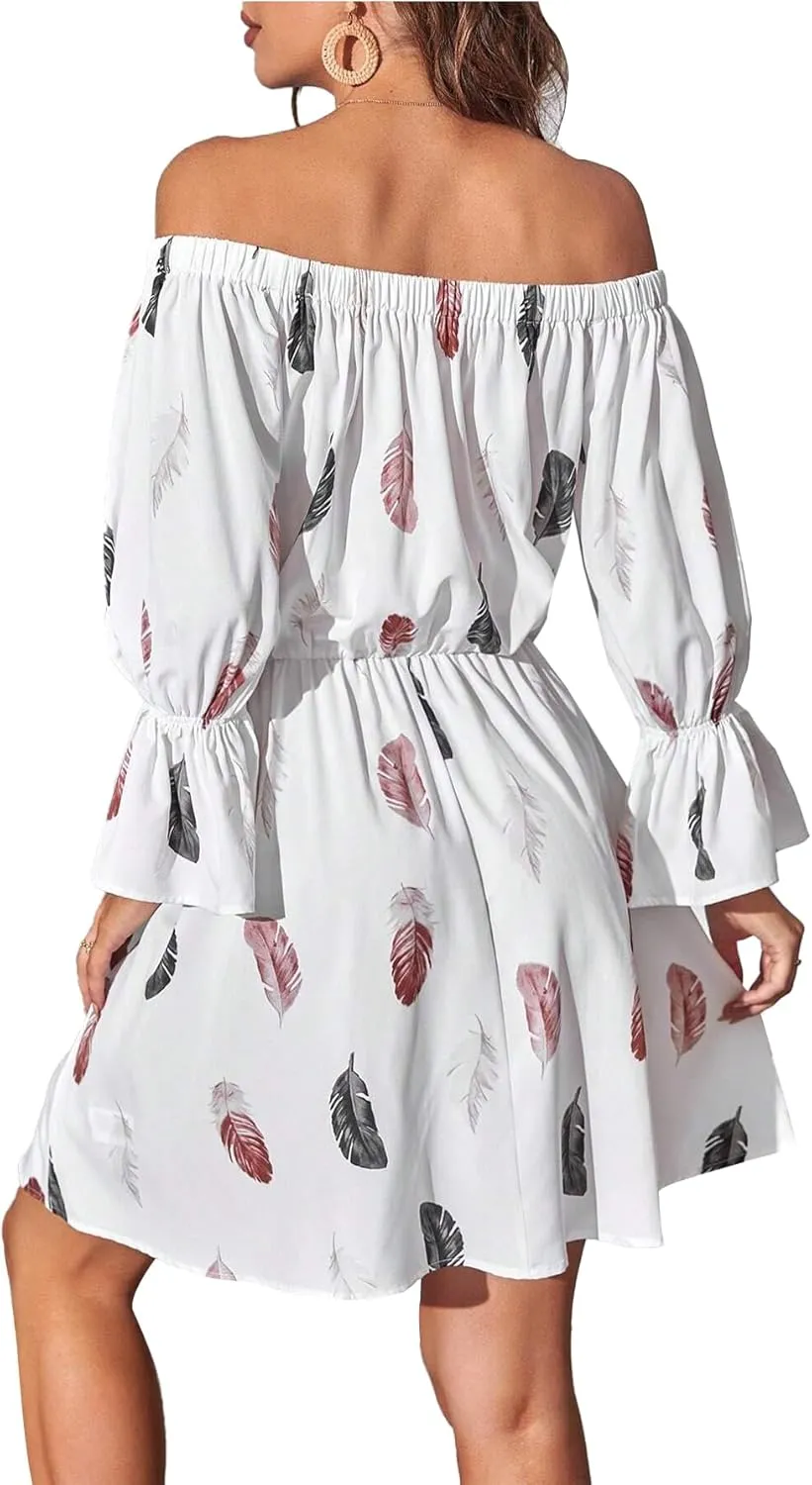 Vrtige Women's Floral Off Shoulder Flounce Half Sleeve Ruffle Hem A Line Mini Dress