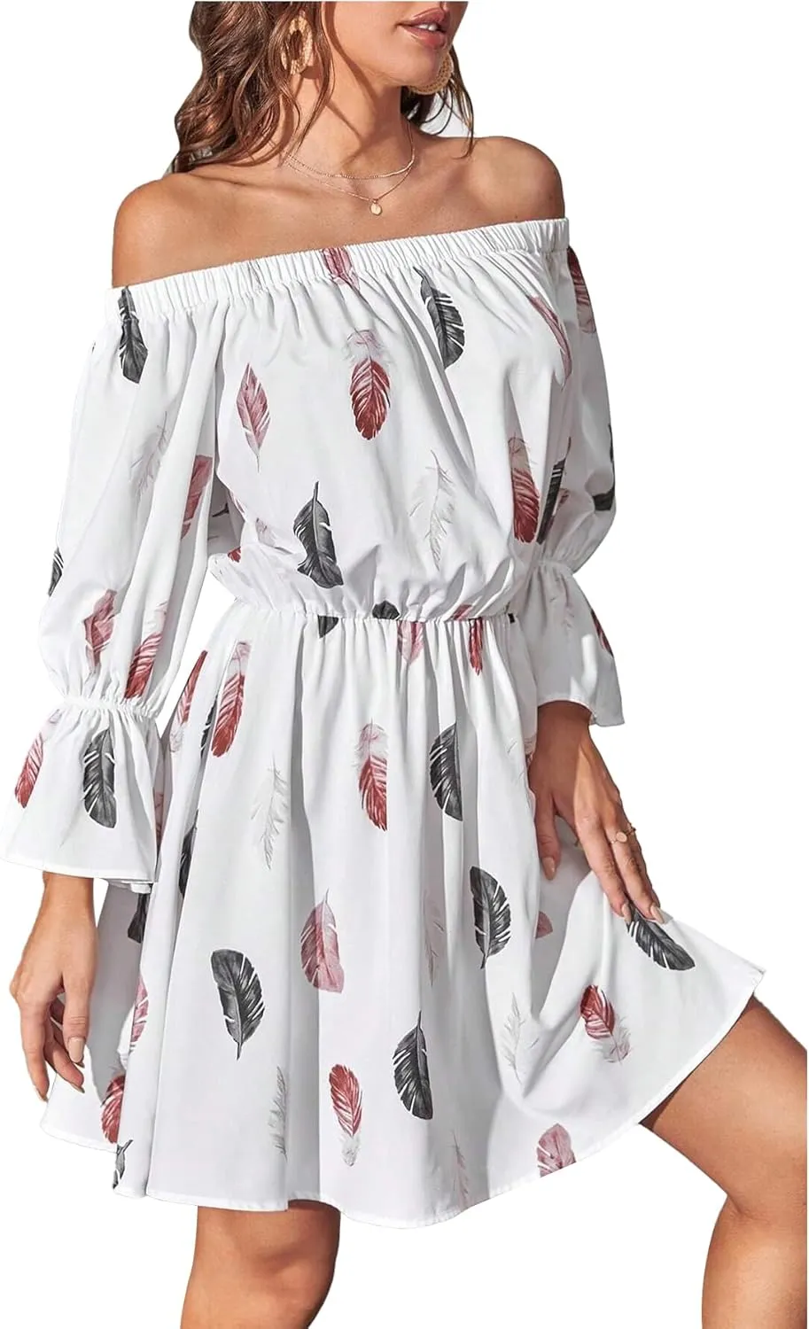 Vrtige Women's Floral Off Shoulder Flounce Half Sleeve Ruffle Hem A Line Mini Dress
