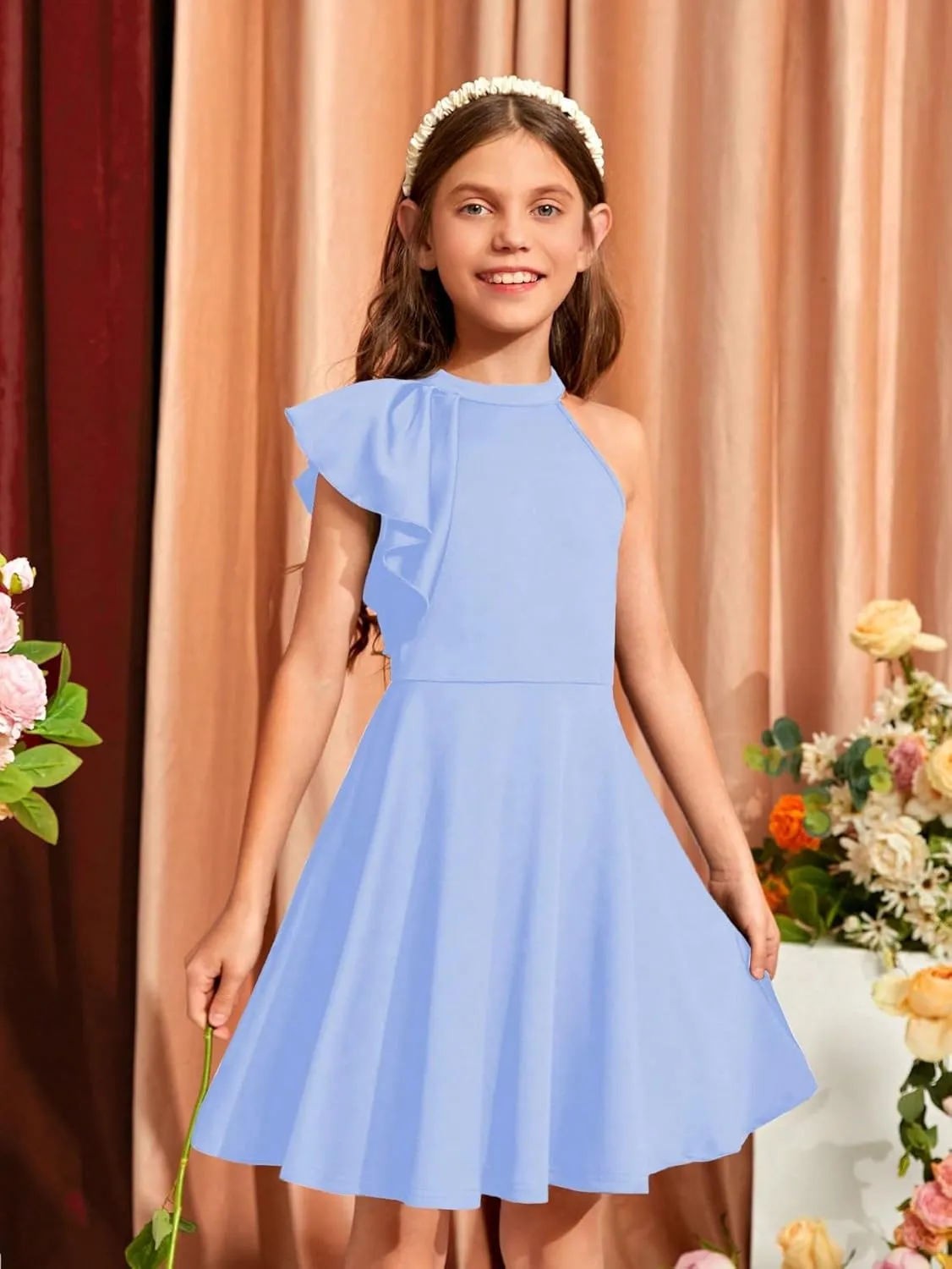 WDIRARA Girl's A Line Flowy Ruffle Sleeveless Asymmetrical Fancy Party Mini Dress