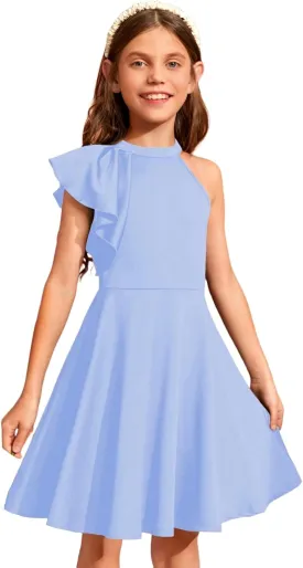 WDIRARA Girl's A Line Flowy Ruffle Sleeveless Asymmetrical Fancy Party Mini Dress