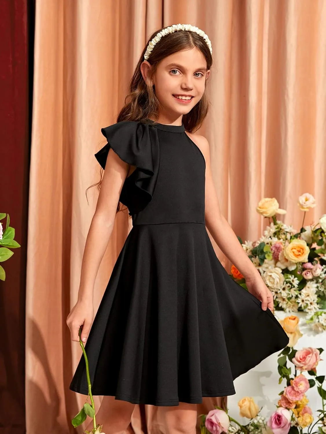 WDIRARA Girl's A Line Flowy Ruffle Sleeveless Asymmetrical Fancy Party Mini Dress