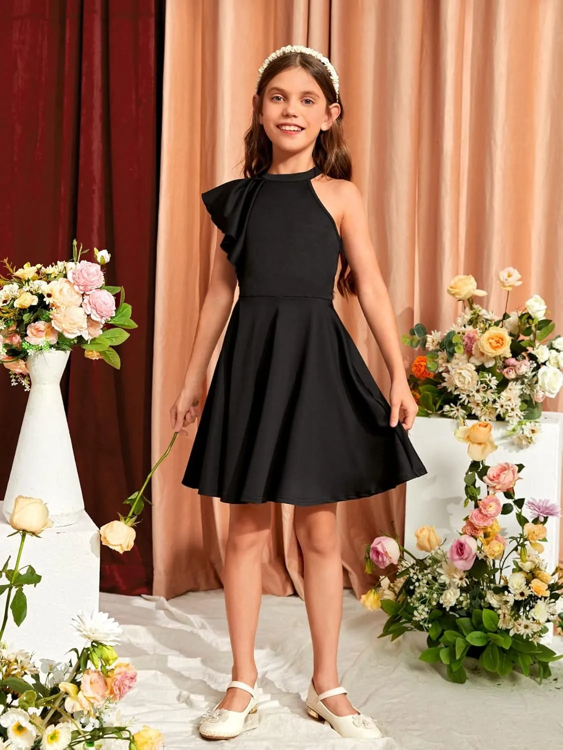 WDIRARA Girl's A Line Flowy Ruffle Sleeveless Asymmetrical Fancy Party Mini Dress