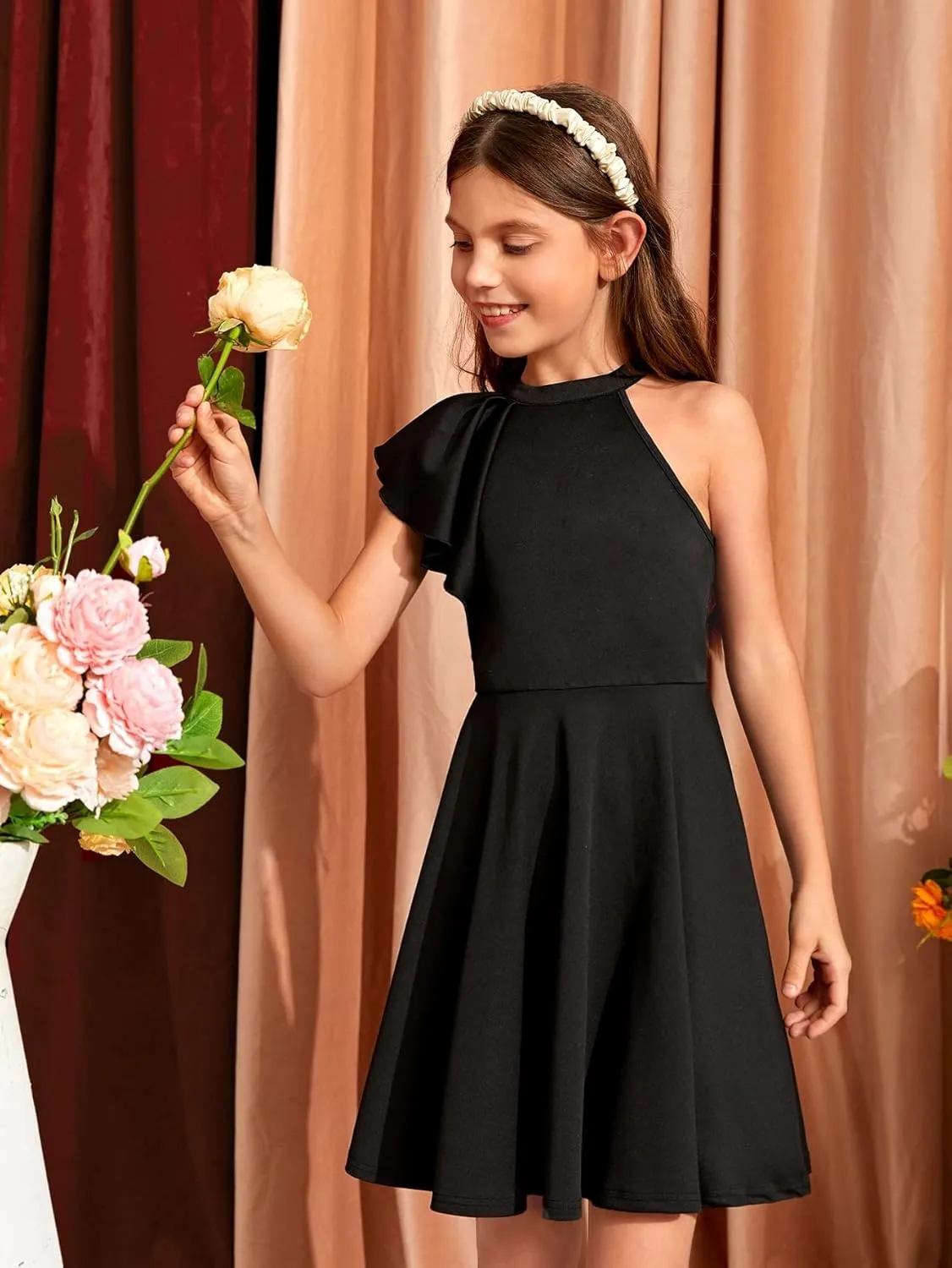 WDIRARA Girl's A Line Flowy Ruffle Sleeveless Asymmetrical Fancy Party Mini Dress