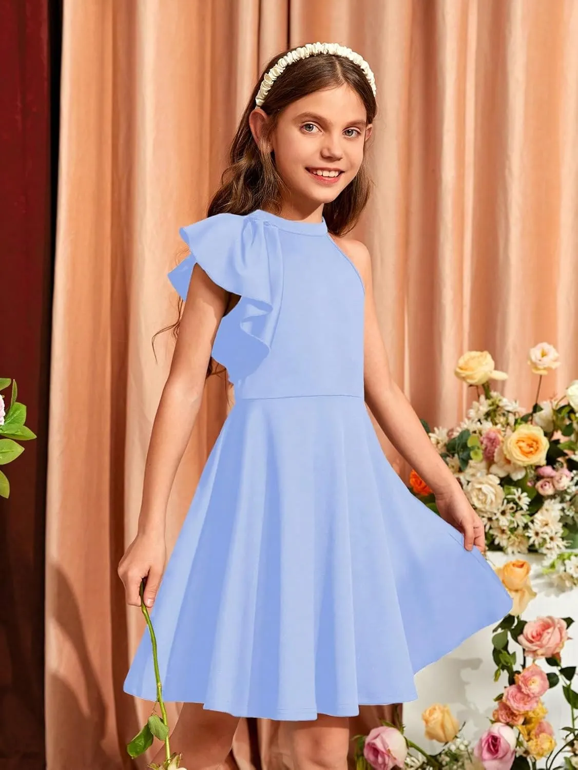 WDIRARA Girl's A Line Flowy Ruffle Sleeveless Asymmetrical Fancy Party Mini Dress