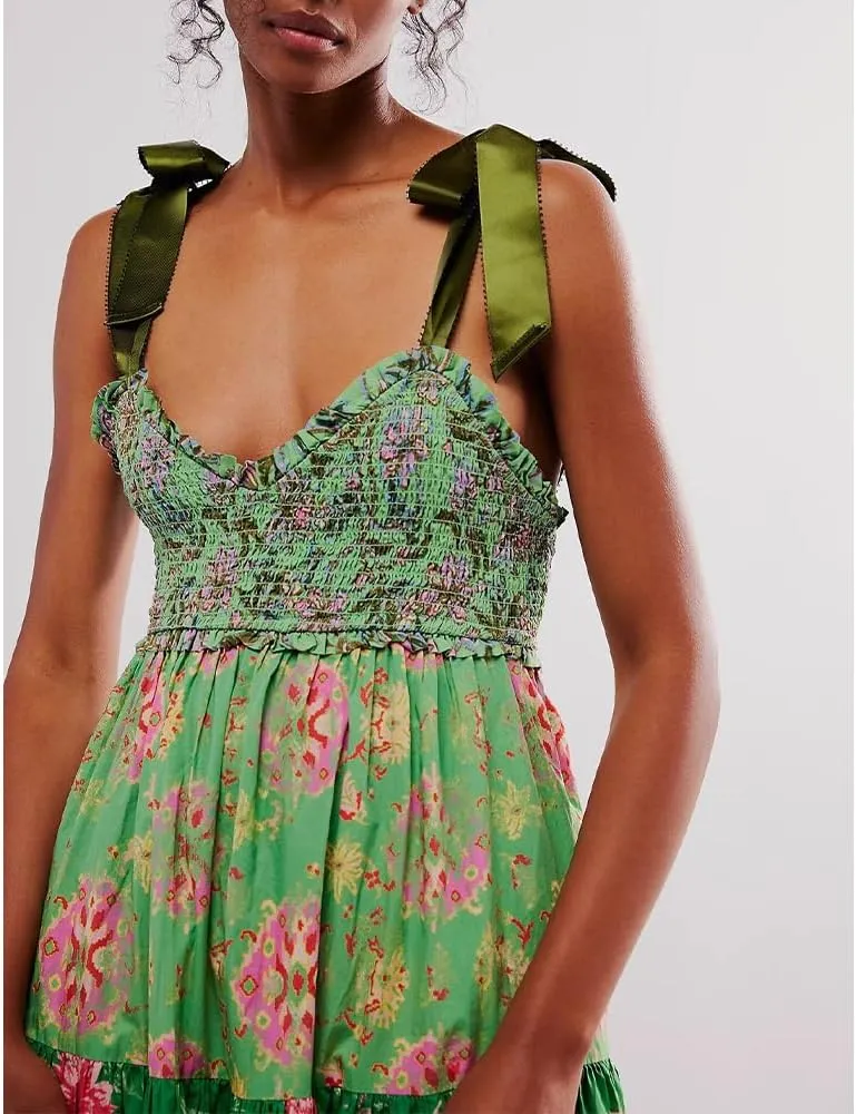 Women Floral Maxi Dress Sleeveless Tie Shoulder Bohemian Flowy Smocked Dresses Casual Summer Sundress with Pockets
