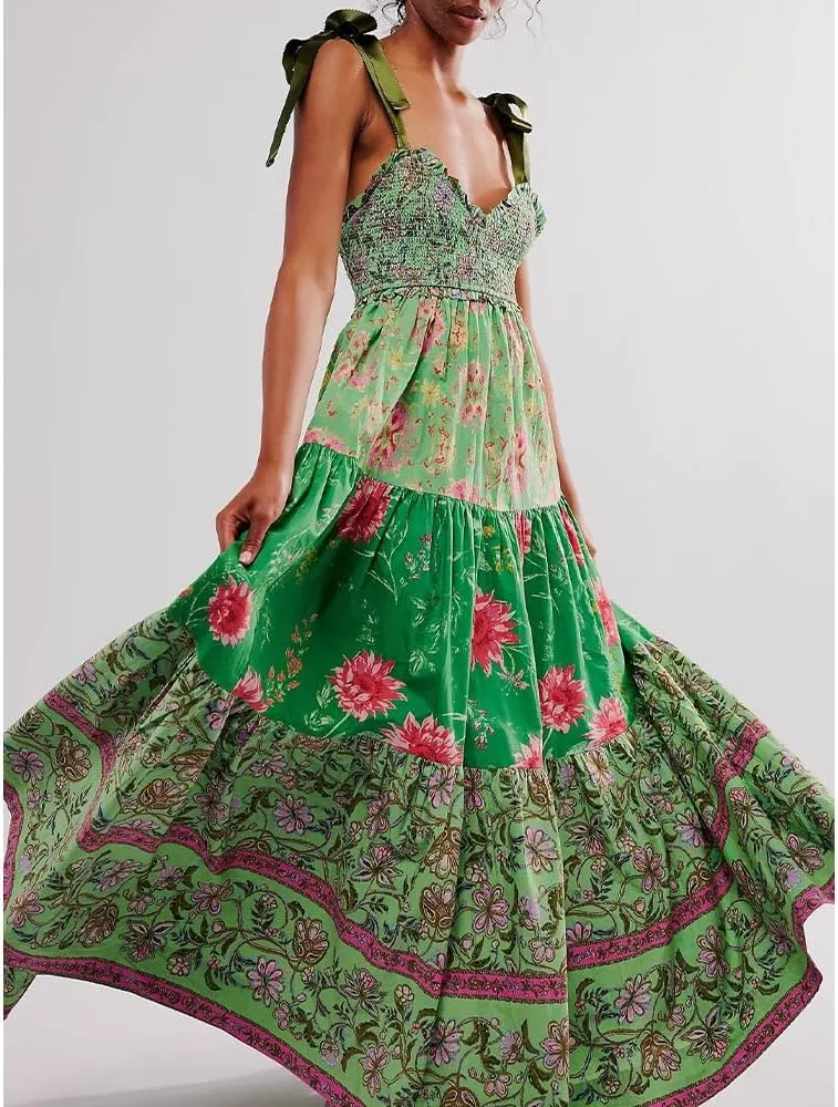 Women Floral Maxi Dress Sleeveless Tie Shoulder Bohemian Flowy Smocked Dresses Casual Summer Sundress with Pockets