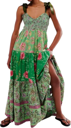 Women Floral Maxi Dress Sleeveless Tie Shoulder Bohemian Flowy Smocked Dresses Casual Summer Sundress with Pockets