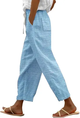 Women Linen Pants Waist Pants Drawstring Capri Pants with Pockets Wide Leg Cropped Elastic High Waist Comfy Loose