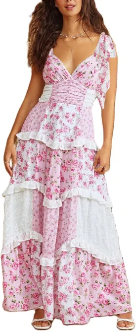 Women Tie Shoulder Maxi Dress Y2k Summer Floral Boho Long Dress Sleeveless Tiered Flowy Beach Sundress