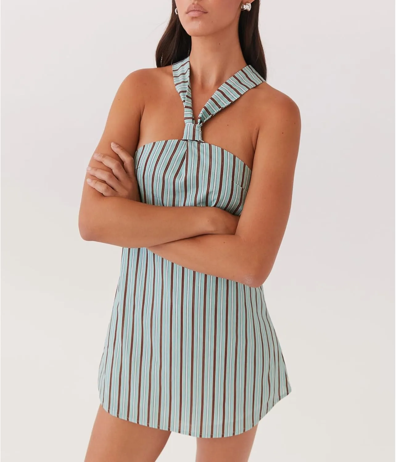 Women Y2K Halter Mini Dress Sexy Sleeveles Open Back Slim Fit Short Dress Tie Back Cocktail Party Night Out Sundress