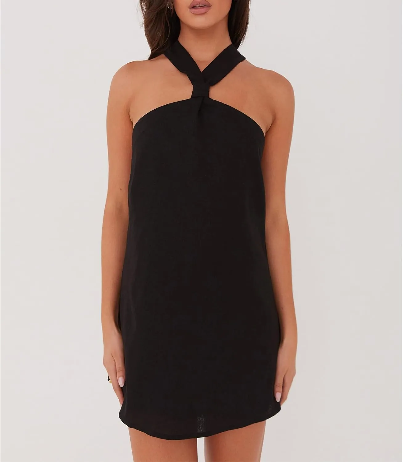 Women Y2K Halter Mini Dress Sexy Sleeveles Open Back Slim Fit Short Dress Tie Back Cocktail Party Night Out Sundress
