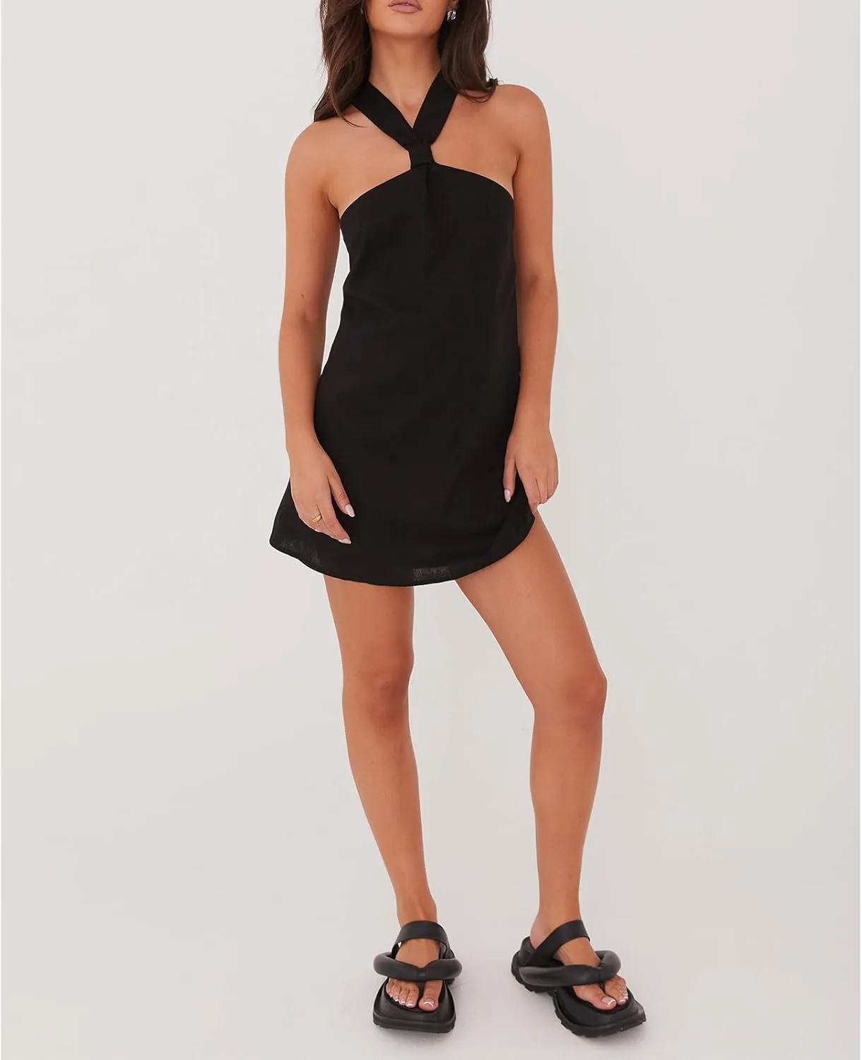 Women Y2K Halter Mini Dress Sexy Sleeveles Open Back Slim Fit Short Dress Tie Back Cocktail Party Night Out Sundress