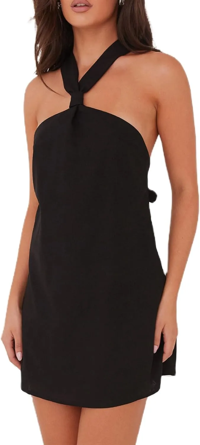 Women Y2K Halter Mini Dress Sexy Sleeveles Open Back Slim Fit Short Dress Tie Back Cocktail Party Night Out Sundress