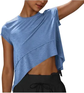 Women's Athletic T-Shirts Fashion Irregular Hem Crewneck Cap Sleeve Cropped Tops Lightweight Breathable Yoga Gym Tees