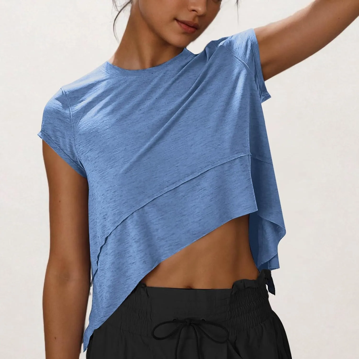Women's Athletic T-Shirts Fashion Irregular Hem Crewneck Cap Sleeve Cropped Tops Lightweight Breathable Yoga Gym Tees