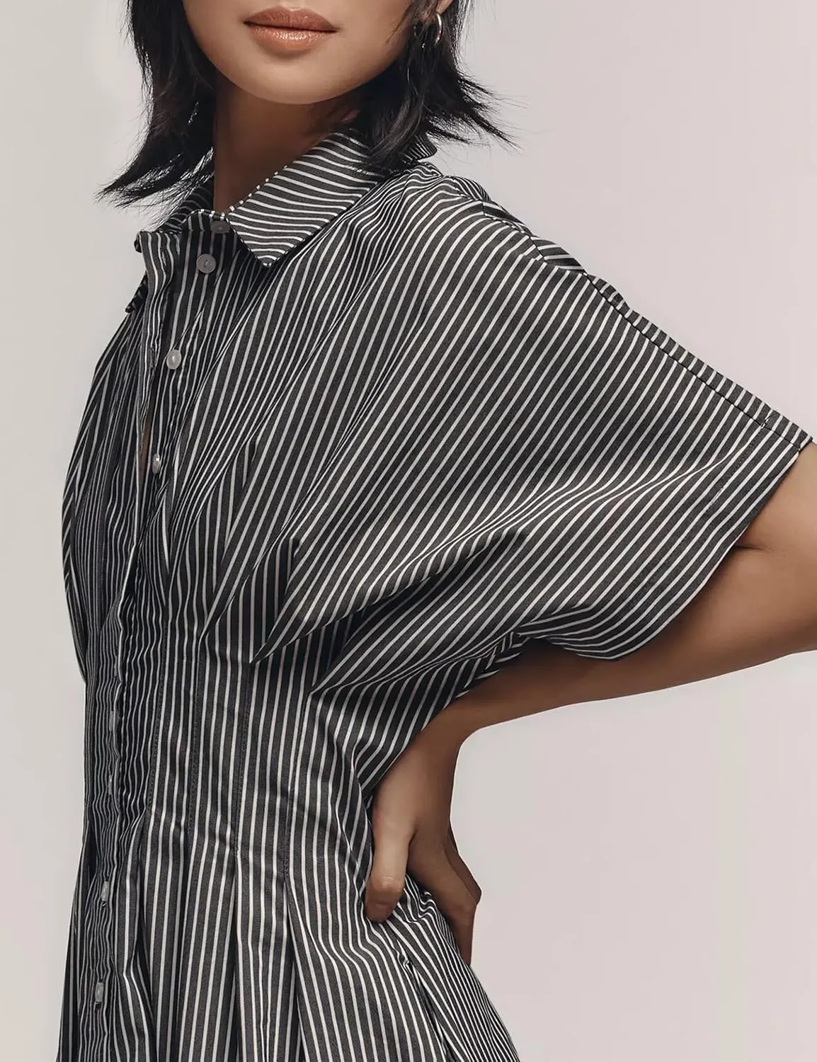 Womens Button Front Down Pleated Shirt Dress Summer Casual Striped Short Sleeve Blouse Mini Dresses