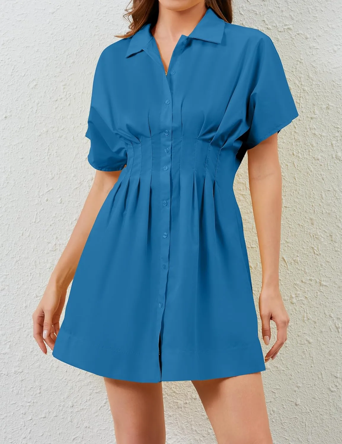 Womens Button Front Down Pleated Shirt Dress Summer Casual Striped Short Sleeve Blouse Mini Dresses