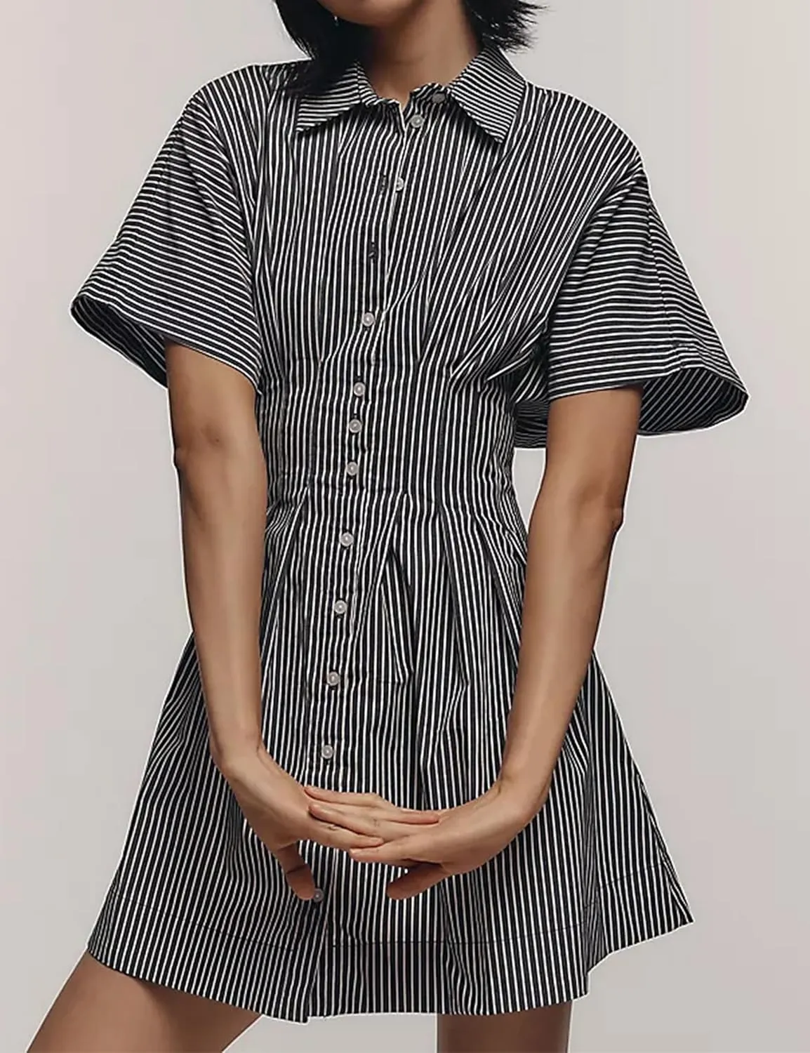 Womens Button Front Down Pleated Shirt Dress Summer Casual Striped Short Sleeve Blouse Mini Dresses