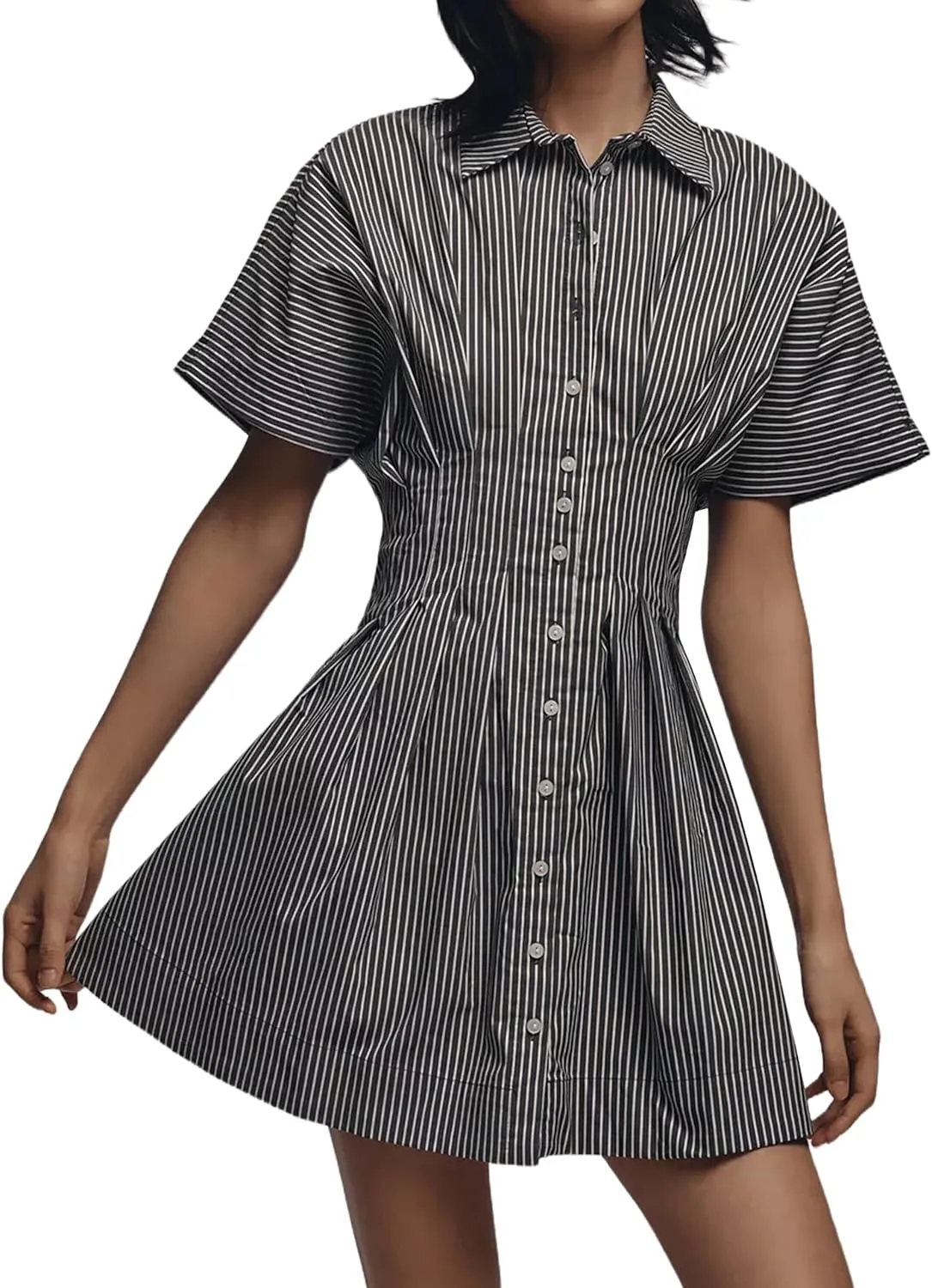 Womens Button Front Down Pleated Shirt Dress Summer Casual Striped Short Sleeve Blouse Mini Dresses