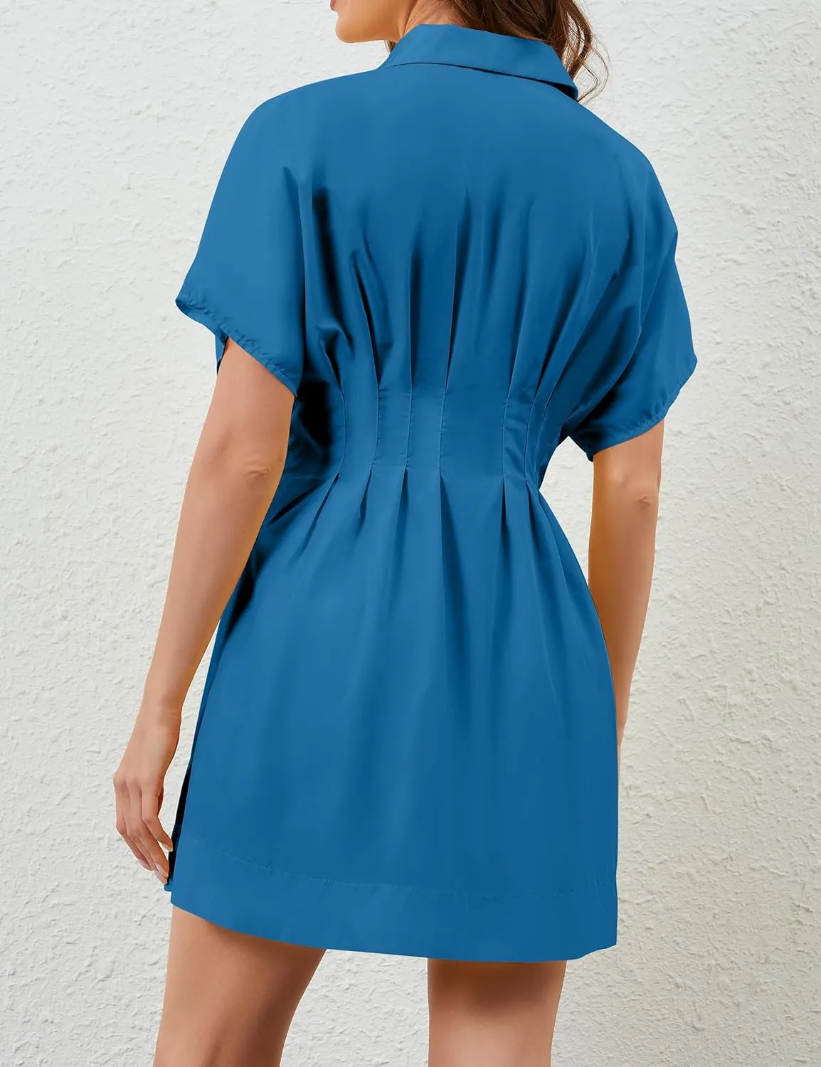 Womens Button Front Down Pleated Shirt Dress Summer Casual Striped Short Sleeve Blouse Mini Dresses