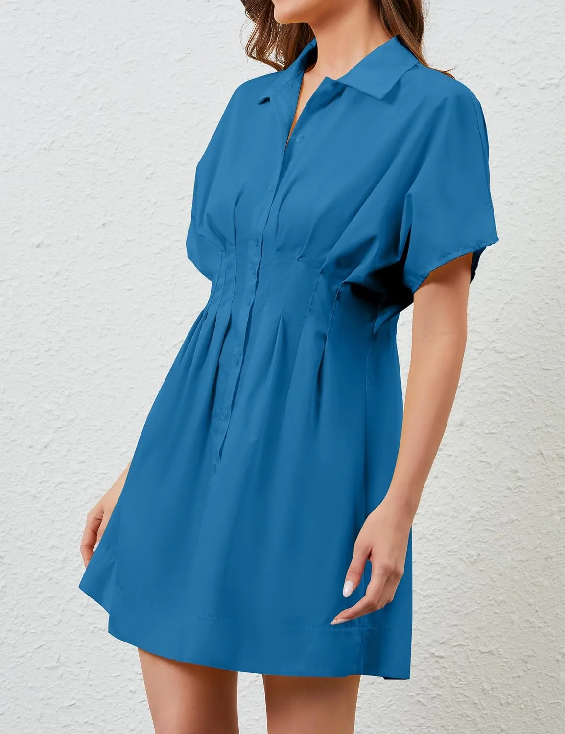 Womens Button Front Down Pleated Shirt Dress Summer Casual Striped Short Sleeve Blouse Mini Dresses