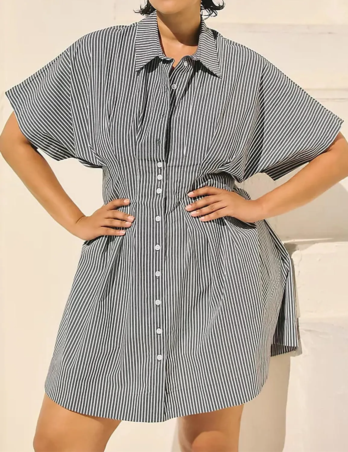Womens Button Front Down Pleated Shirt Dress Summer Casual Striped Short Sleeve Blouse Mini Dresses