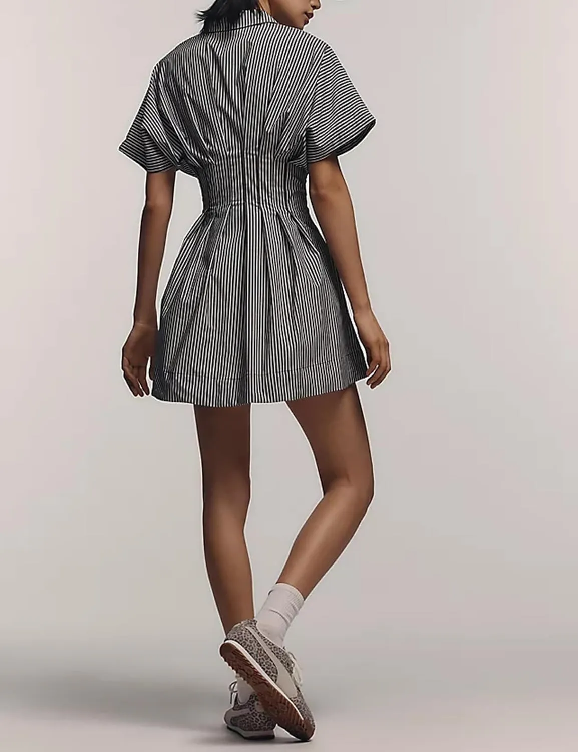 Womens Button Front Down Pleated Shirt Dress Summer Casual Striped Short Sleeve Blouse Mini Dresses