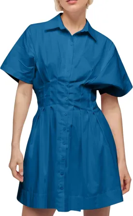 Womens Button Front Down Pleated Shirt Dress Summer Casual Striped Short Sleeve Blouse Mini Dresses
