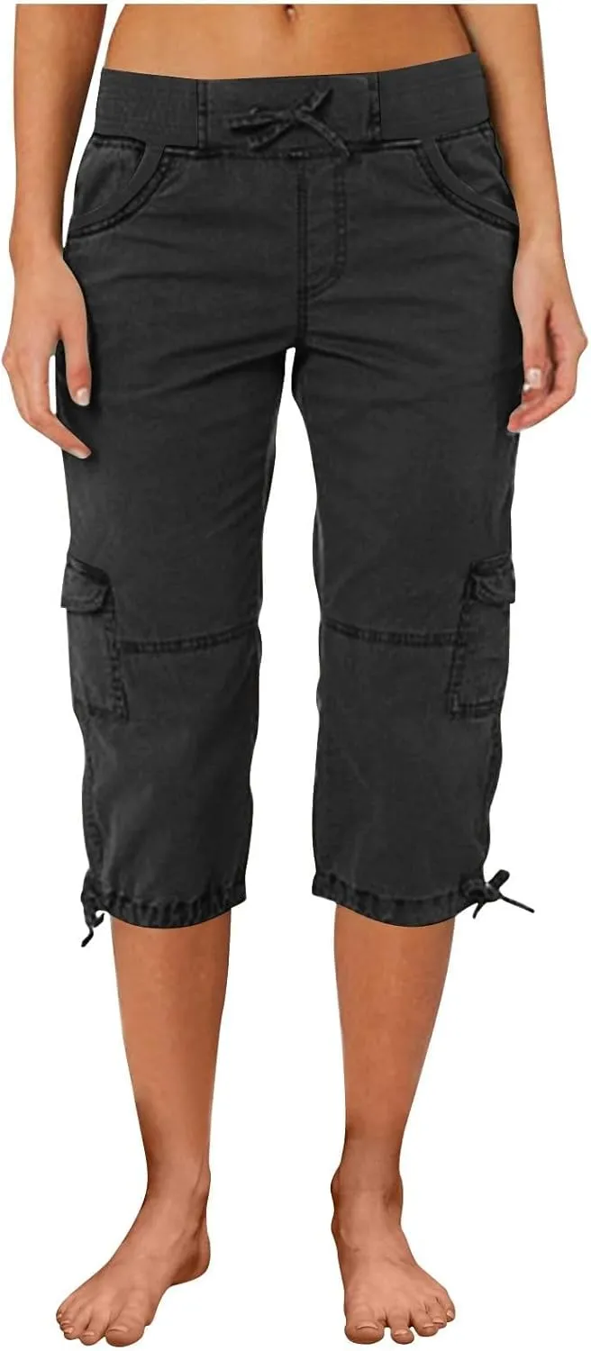 Womens Cargo Capris Summer Casual Drawstring Low Waisted Hiking Jogger Pants Lightweight Outdoor Cotton Capri Pants