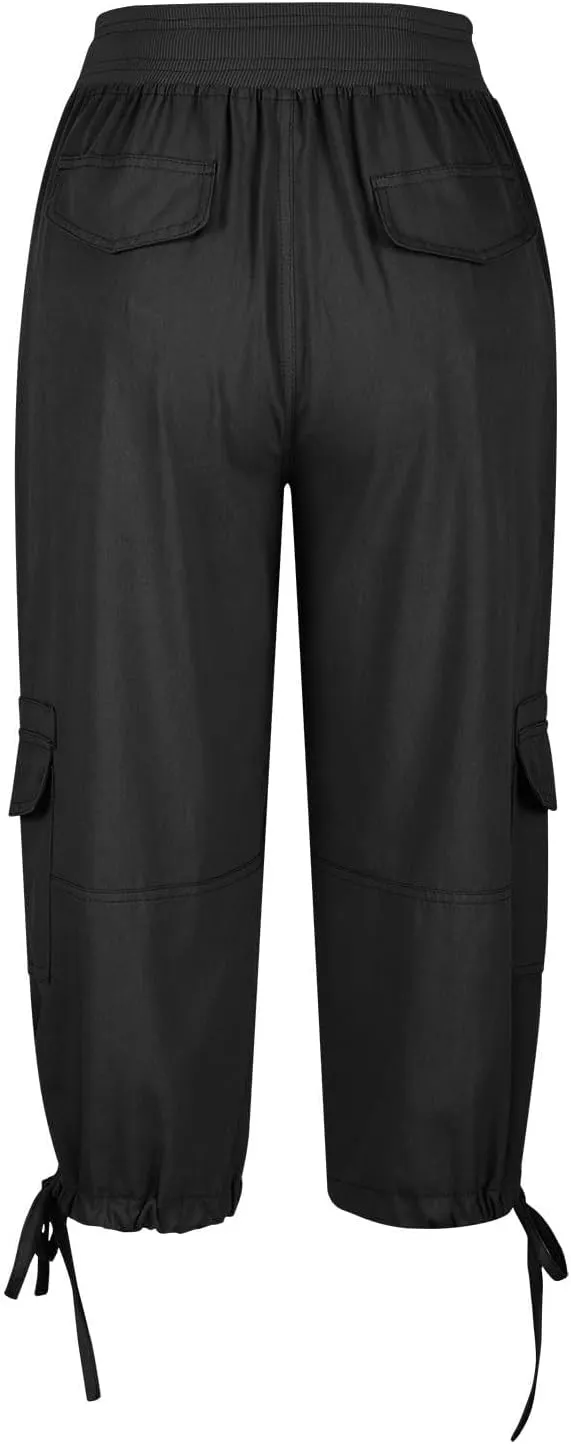 Womens Cargo Capris Summer Casual Drawstring Low Waisted Hiking Jogger Pants Lightweight Outdoor Cotton Capri Pants