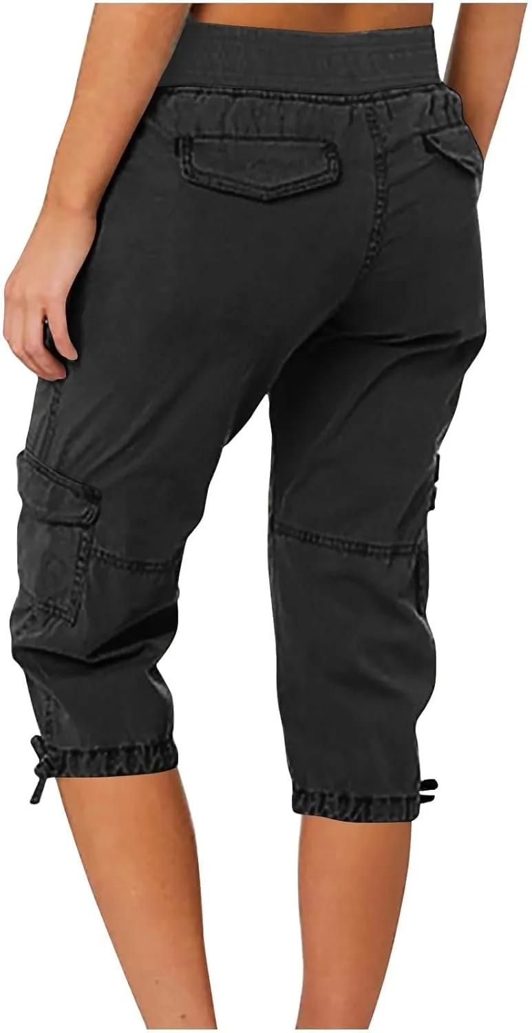 Womens Cargo Capris Summer Casual Drawstring Low Waisted Hiking Jogger Pants Lightweight Outdoor Cotton Capri Pants