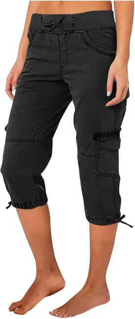Womens Cargo Capris Summer Casual Drawstring Low Waisted Hiking Jogger Pants Lightweight Outdoor Cotton Capri Pants