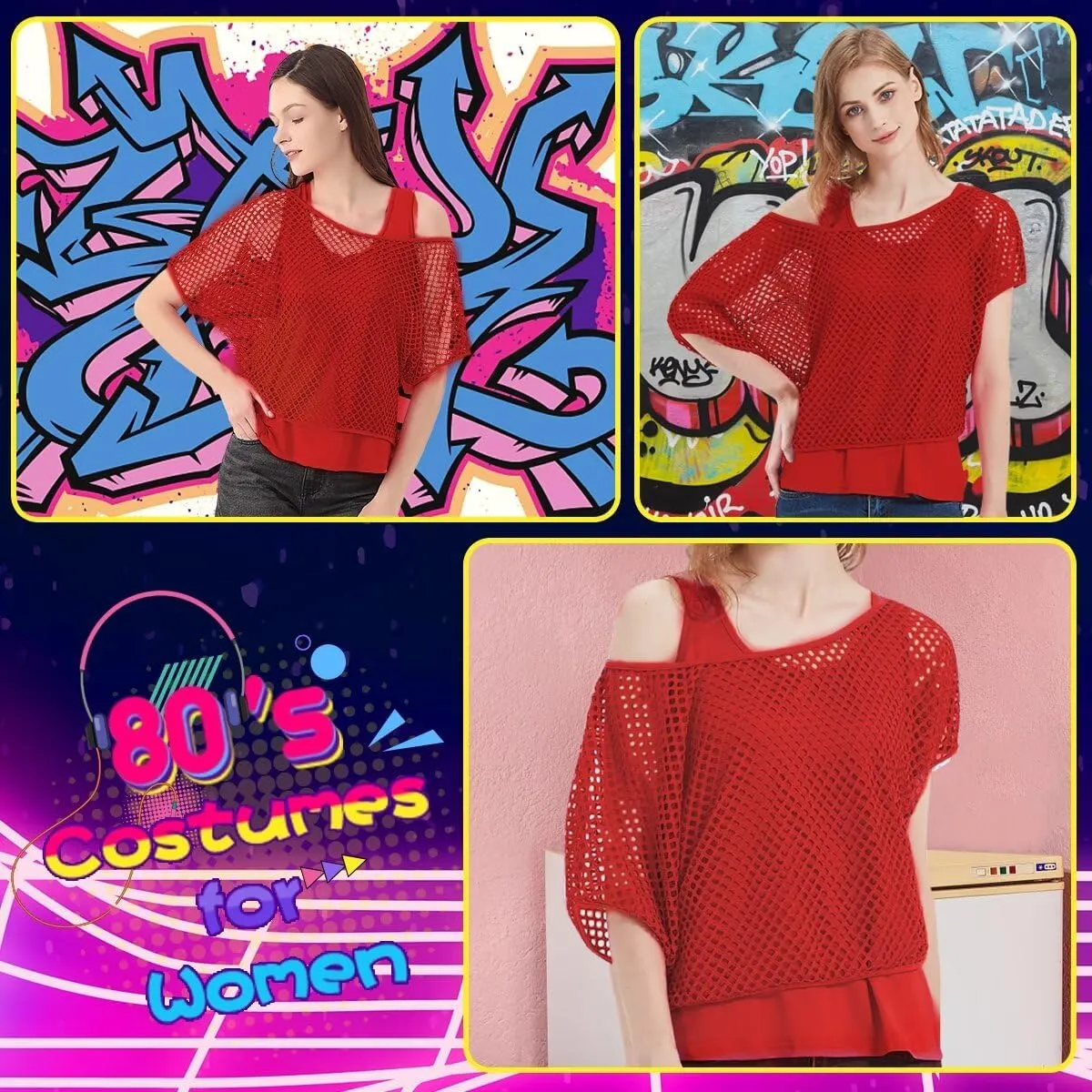 Women's Casual Sexy Off Shoulder T-Shirt, 80s 90s Outfit 80's Costume Fishnet Neon Shirt Short Sleeve