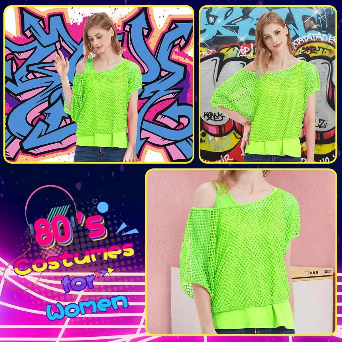 Women's Casual Sexy Off Shoulder T-Shirt, 80s 90s Outfit 80's Costume Fishnet Neon Shirt Short Sleeve