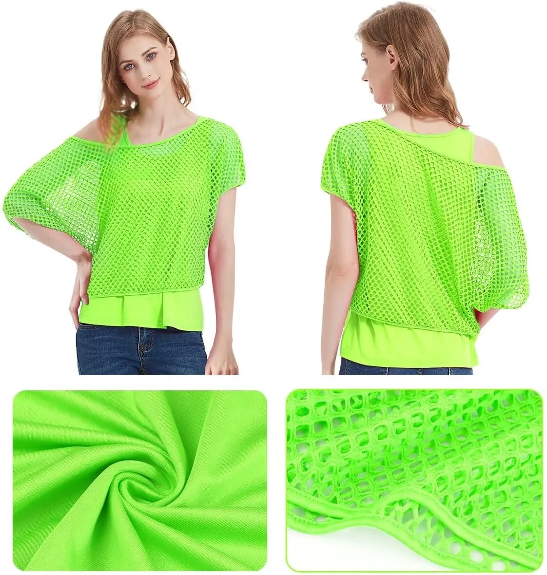 Women's Casual Sexy Off Shoulder T-Shirt, 80s 90s Outfit 80's Costume Fishnet Neon Shirt Short Sleeve